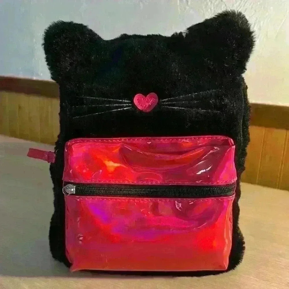 Furry Black Cat Mini Backpack w/ Pink Front Pocket